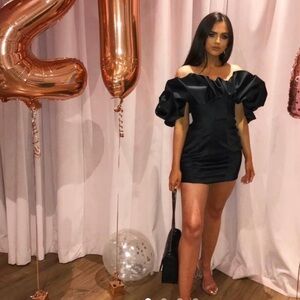 HOUSE OF CB 'Selena' Black Satin Puff Shoulder Dress off shoulder /Size S‎